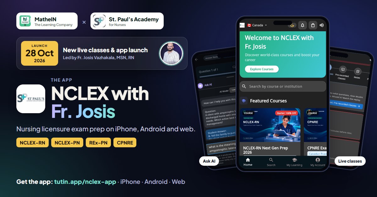 NCLEX with Fr. Josis: new live classes and app launch on 28 October 2026, MatheIN and St. Paul’s Academy for Nurses